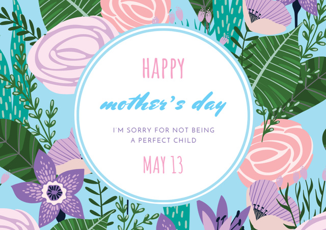 Mother's Day Greeting With Illustrated Flowers Postcard A5 – шаблон для дизайна