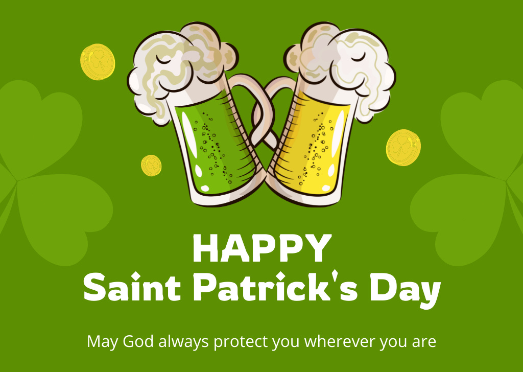 St. Patrick's Day Greetings with Beer Mugs with Foam Card Modelo de Design