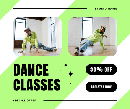 Plantilla de diseño de Anuncio de clases de baile con hombre bailando Hip Hop Facebook 