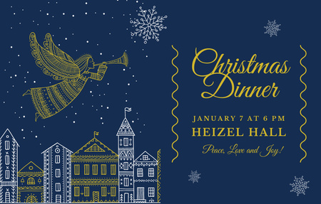 Designvorlage Christmas Dinner Announcement Angel Flying Over City für Invitation 4.6x7.2in Horizontal