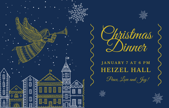 Designvorlage Christmas Dinner with Angel Flying Over City in Blue für Invitation 4.6x7.2in Horizontal