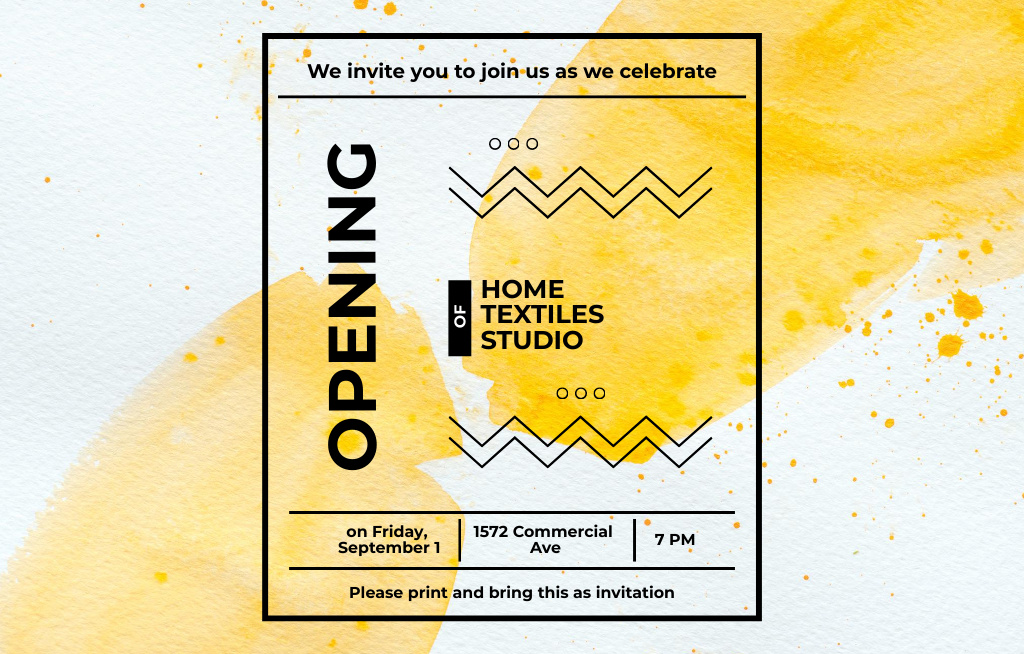 Template di design Domestic Textile Studio Promotion With Yellow Blots Invitation 4.6x7.2in Horizontal