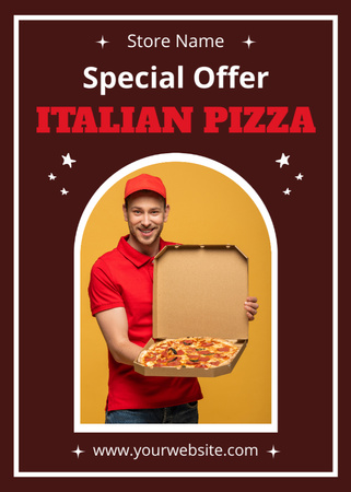 Ontwerpsjabloon van Flayer van Speciale aanbieding Italiaanse pizza met lachende koerier