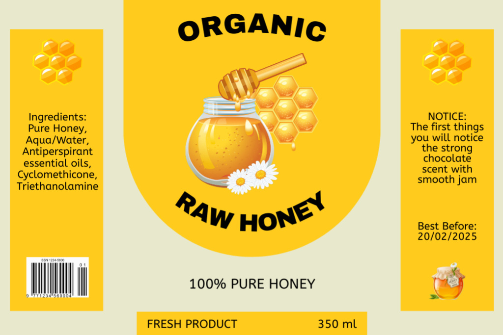 Ontwerpsjabloon van Label van Organic Raw Honey Offer on Yellow