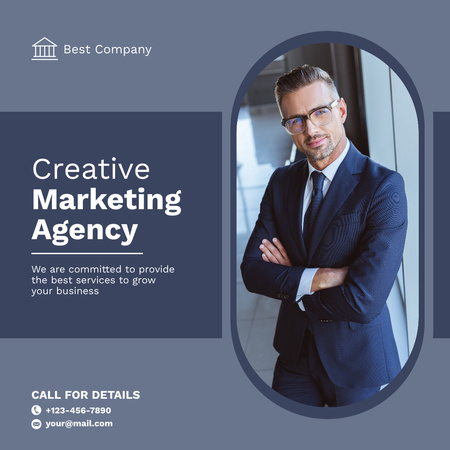 Креативное предложение услуг цифрового маркетинга с бизнесменом в костюме Instagram – шаблон для дизайна