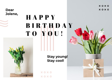 Ontwerpsjabloon van Postcard 5x7in van Birthday Congrats With Pink Flowers In Vases And Gift