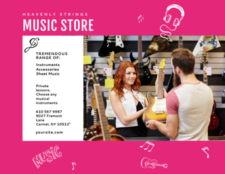 Music Store Ad Woman Selling Guitar Flyer 8.5x11in Horizontal Design Template