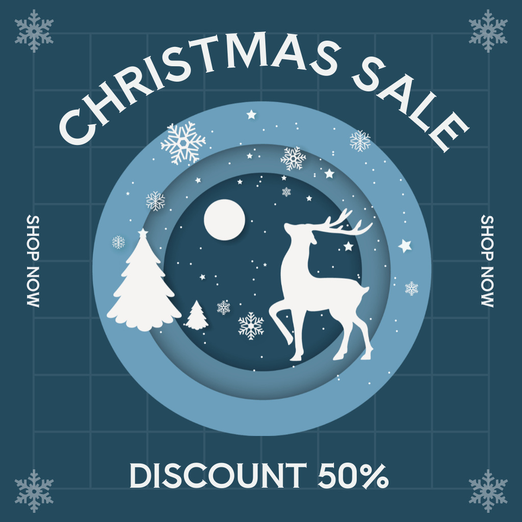 Christmas Sale Announcement with Christmas Tree and Reindeer Instagramデザインテンプレート