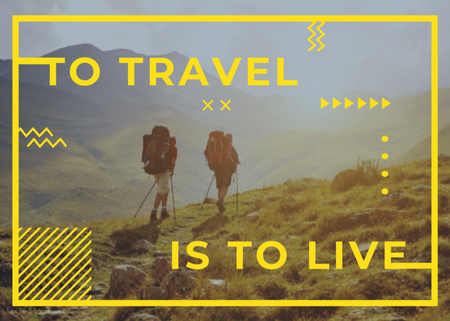 Plantilla de diseño de Lovely Hiking Travel Motivation With Hikers In Fog Postcard 5x7in 