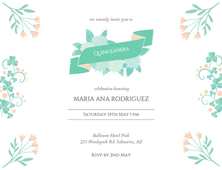 Platilla de diseño Quinceañera Celebration With Florals In White Invitation 13.9x10.7cm Horizontal
