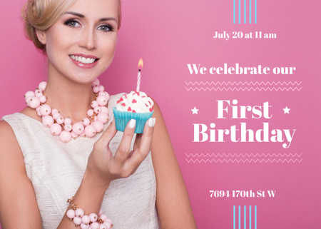 First birthday invitation card on pink Postcard 5x7in Design Template