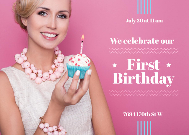 Template di design First Birthday Ad With Cupcake In Pink Postcard 5x7in