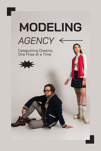Modeling Agency Services with Young Man and Woman Pinterest Design Template