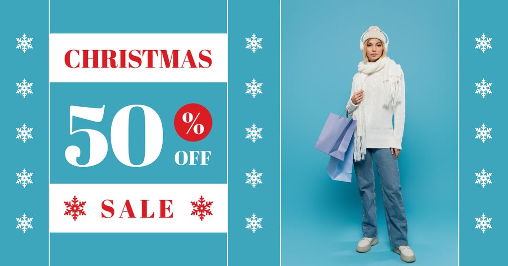 Woman on Christmas Shopping Blue Facebook AD Design Template