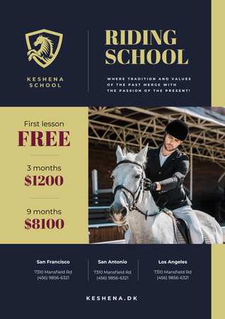 Riding School Ad with Man Riding Horse Poster Design Template