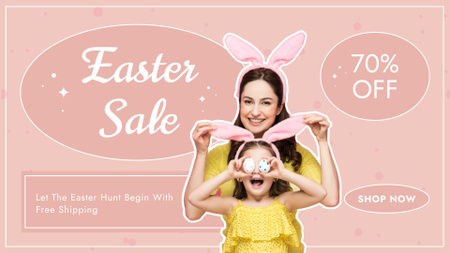 Cheerful Child and Mother in Rabbit Ears for Easter Sale FB event cover Design Template