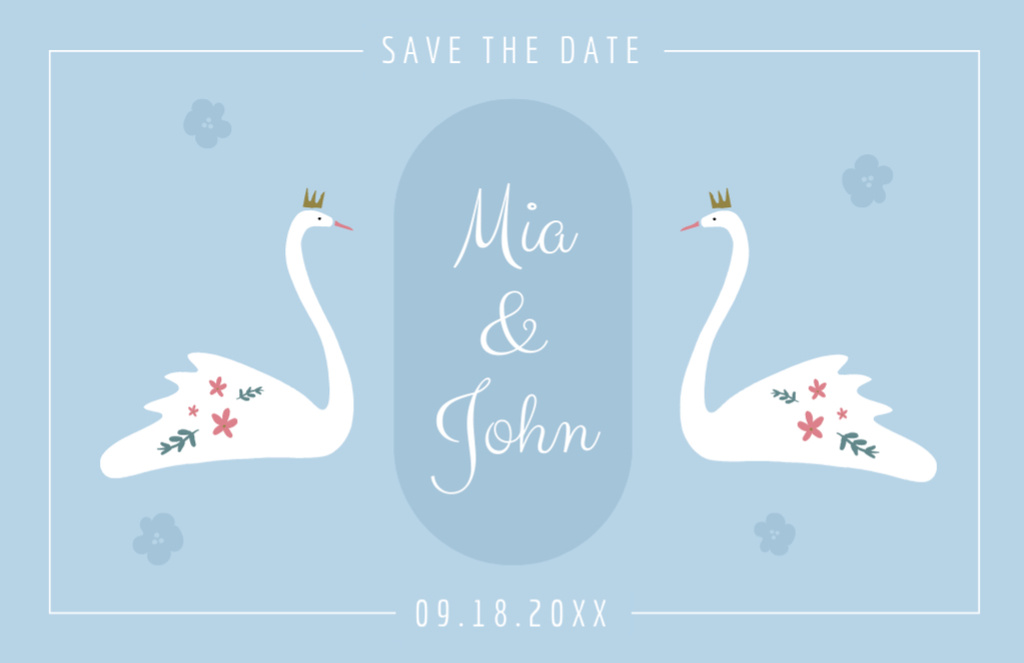 Wedding Invitation with Two Swans on Blue Thank You Card 5.5x8.5inデザインテンプレート