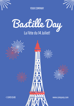 Счастливая реклама Дня взятия Бастилии на синем Poster 28x40in – шаблон для дизайна