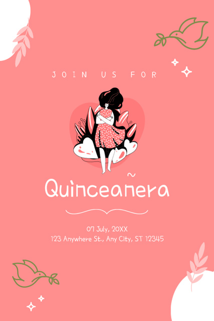 Quinceañera Holiday Celebration Announcement In July With Illustration Postcard 4x6in Vertical Šablona návrhu