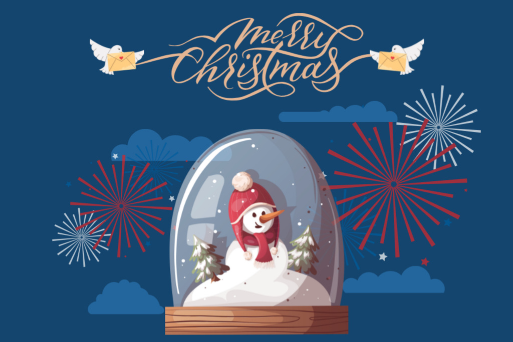 Glass Ball with Cute Snowman in Hat Postcard 4x6in Design Template