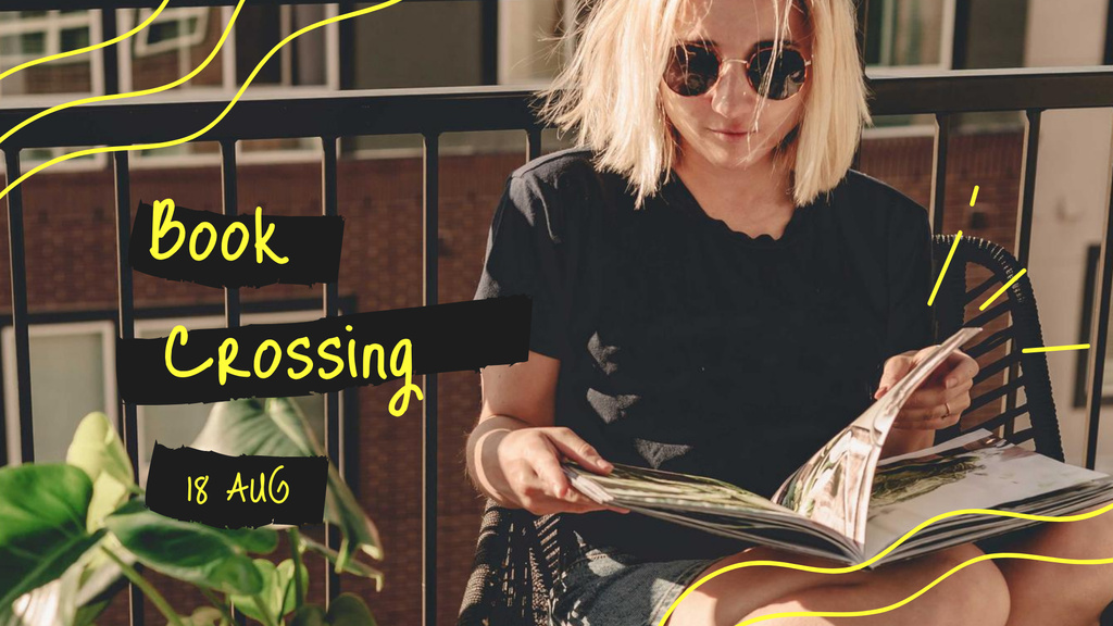 Ontwerpsjabloon van FB event cover van Book Crossing Announcement with Girl Reading on Terrace