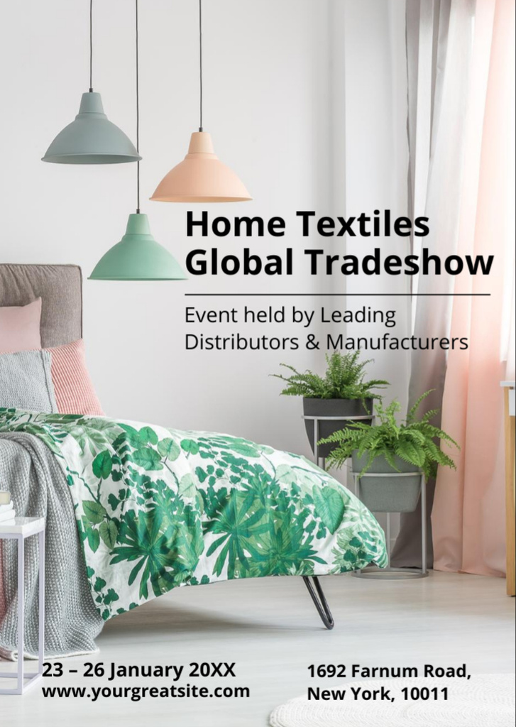 Home Textiles Event Announcement with Stylish Bedroom Flyer A6デザインテンプレート