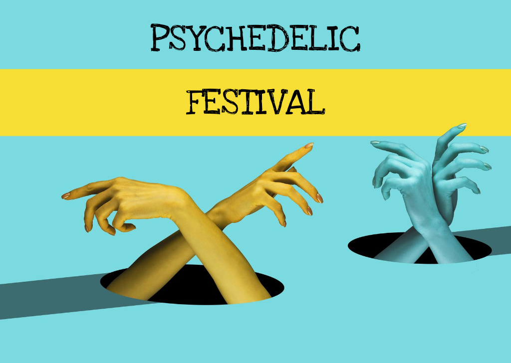 Psychedelic Festival Announcement on Blue Postcard Modelo de Design