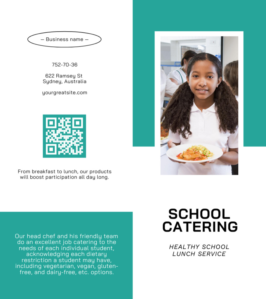 Flavorful School Catering Ad with Schoolgirl in Canteen Brochure 9x8in Bi-foldデザインテンプレート