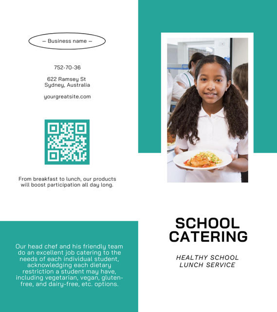 Flavorful School Catering Ad with Schoolgirl in Canteen Brochure 9x8in Bi-fold Modelo de Design