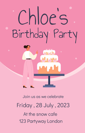 Birthday Party with Delicious Cake on Pink Invitation 4.6x7.2in Design Template