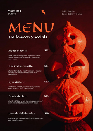 Halloween Food Specials Ad with Pumpkins in Red Light Menu Design Template