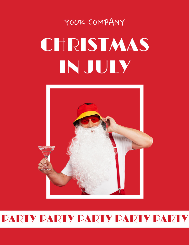 Family Party in July with Jolly Santa Claus on Red Flyer 8.5x11in tervezősablon