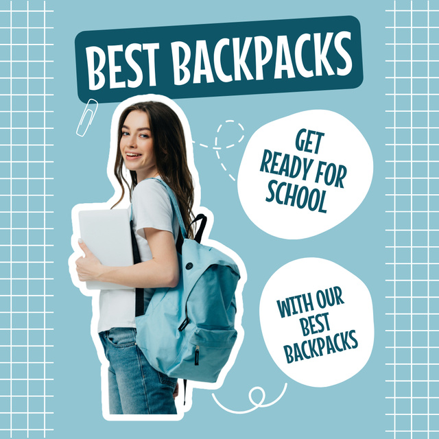 Offer Best Stylish School Backpacks on Blue Instagram Design Template