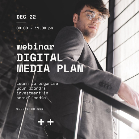 Digital Media Plan Webinar with Young Businessman in Glasses Instagram Design Template