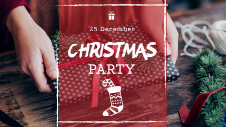 Christmas Party Announcement with Woman Wrapping Gift FB event cover Design Template