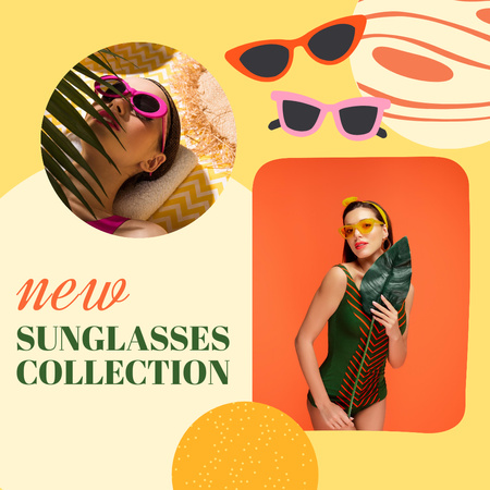 Νέα αγγελία συλλογής γυαλιών ηλίου με γυναίκα στην παραλία Instagram Πρότυπο σχεδίασης