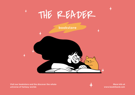 Plantilla de diseño de Girl reading Books with Cute Cat Poster A2 Horizontal 