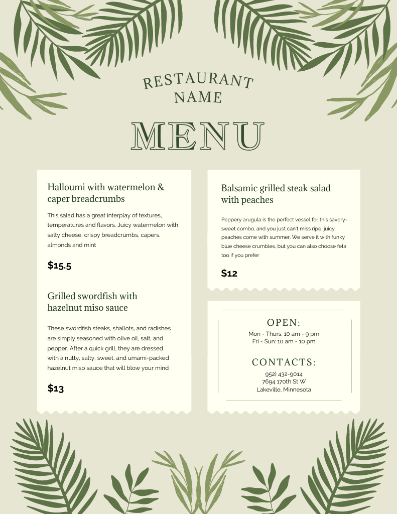 Green Floral Restaurant List of Dishes Menu 8.5x11in Design Template