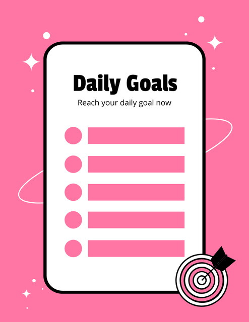 Daily Goals with Target Icon on Pink Notepad 8.5x11in Design Template
