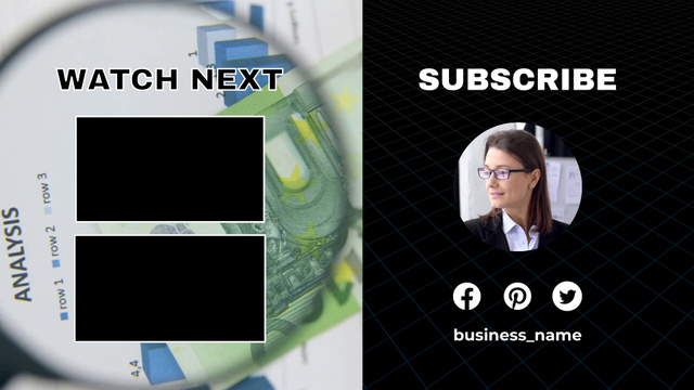 Subscribe to Business Vlog with Young Businesswoman in Glasses YouTube outro Design Template