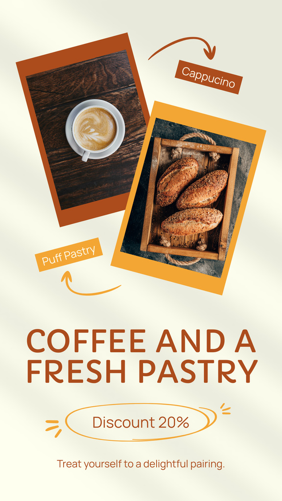Savory Cappuccino And Fresh Pastry At Discounted Rates Instagram Story Modelo de Design