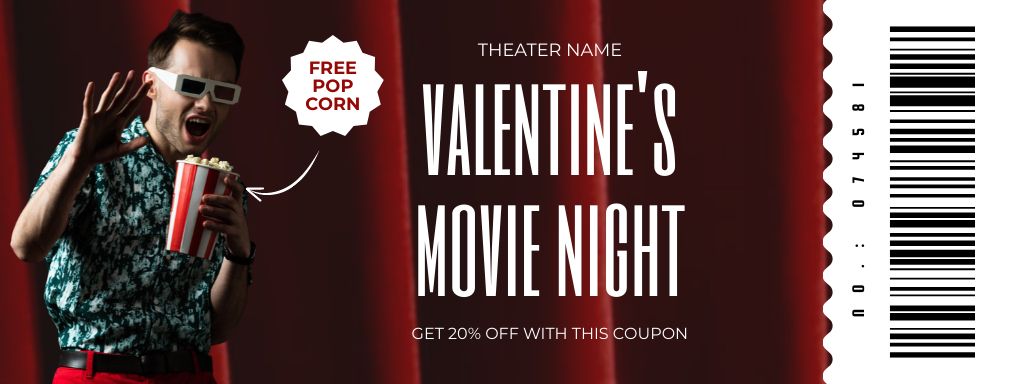 Ontwerpsjabloon van Coupon van Valentine's Day Movie Night Discount Offer with Happy Man