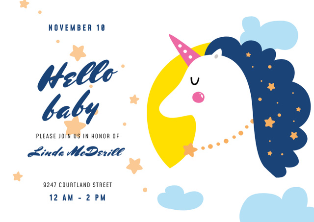 Designvorlage Baby Shower Invitation with Magical Unicorn für Postcard
