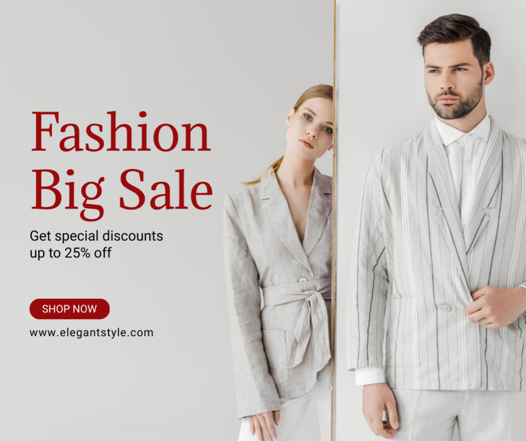 Fashion Sale Ad with Couple in Grey Outfit Facebook Šablona návrhu