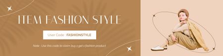 Promo of Fashion Sale with Woman in Beige Suit Twitter Design Template