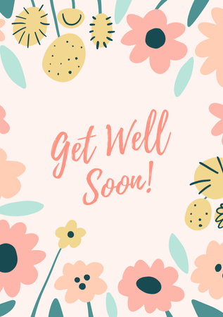 Get Well Soon Wish with Cute Flowers Postcard A5 Vertical Design Template