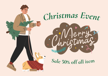 Man with Dog for Christmas Sale Card Design Template