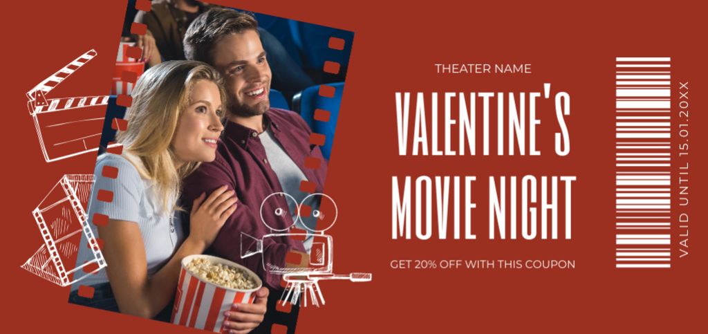 Plantilla de diseño de Valentine's Day Movie Night Announcement with Man and Woman Coupon Din Large 