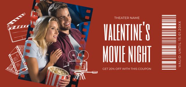 Valentine's Day Movie Night Announcement with Man and Woman Coupon Din Large tervezősablon