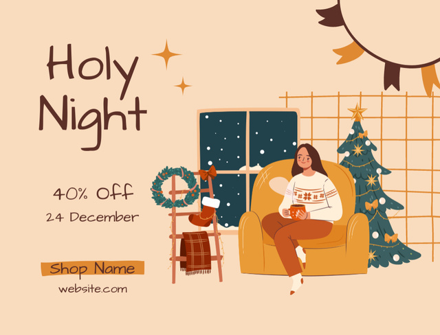 Christmas Holy Night Sale Offer With Festive Interior Postcard 4.2x5.5in Πρότυπο σχεδίασης